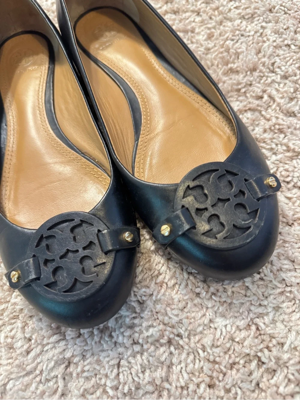 Tory Burch Black Leather Ballet Flats with Logo Medallion Size 7
